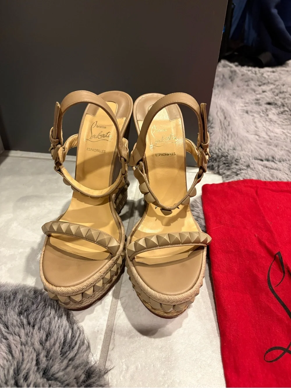 Christian Louboutin  Cataclou leather sandals Beige Studded Espadrille wedge 40